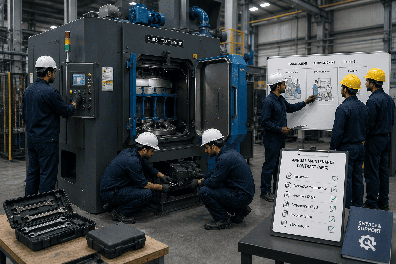 After-Sales Support
For our Auto Shotblast Machines, we provide comprehensive installation, commissioning, training, and annual maintenance contracts (AMC).